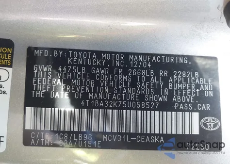 2005 Toyota Camry Se V6 z USA, uszkodzony, nr VIN 4T1BA32K75U058527